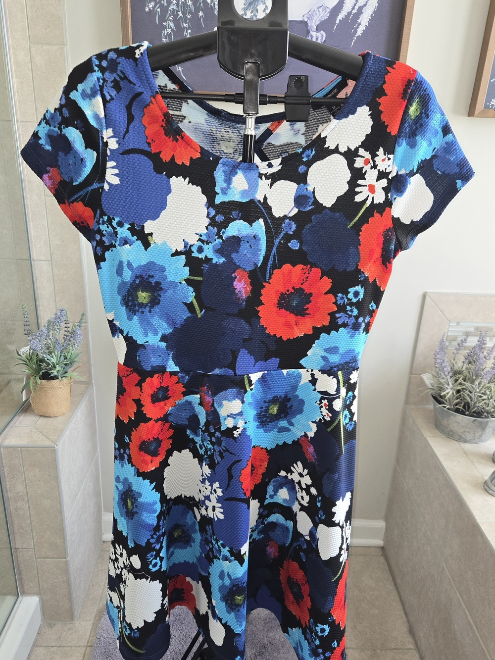 Floral Fit & Flare Mini Dress in Black, Blue & Red